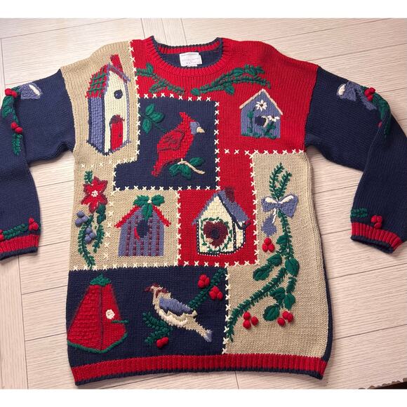Christopher Banks vintage circa 80s ladies sweater. Redbird, birds, birdhouse. L - Picture 1 of 7